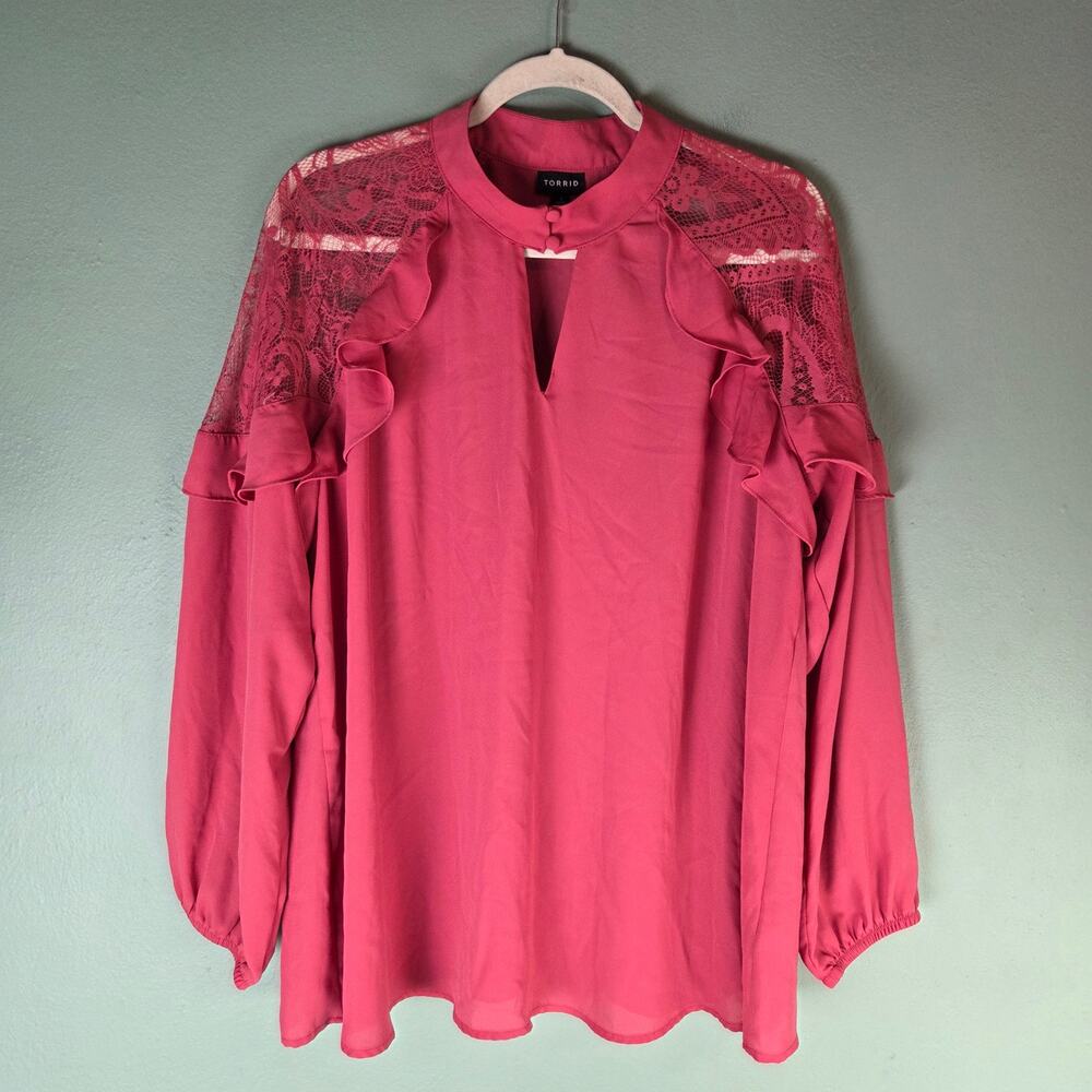 Torrid Womens 1 Pink Georgette Crochet Inset Ruffle Top Date Night Going Out